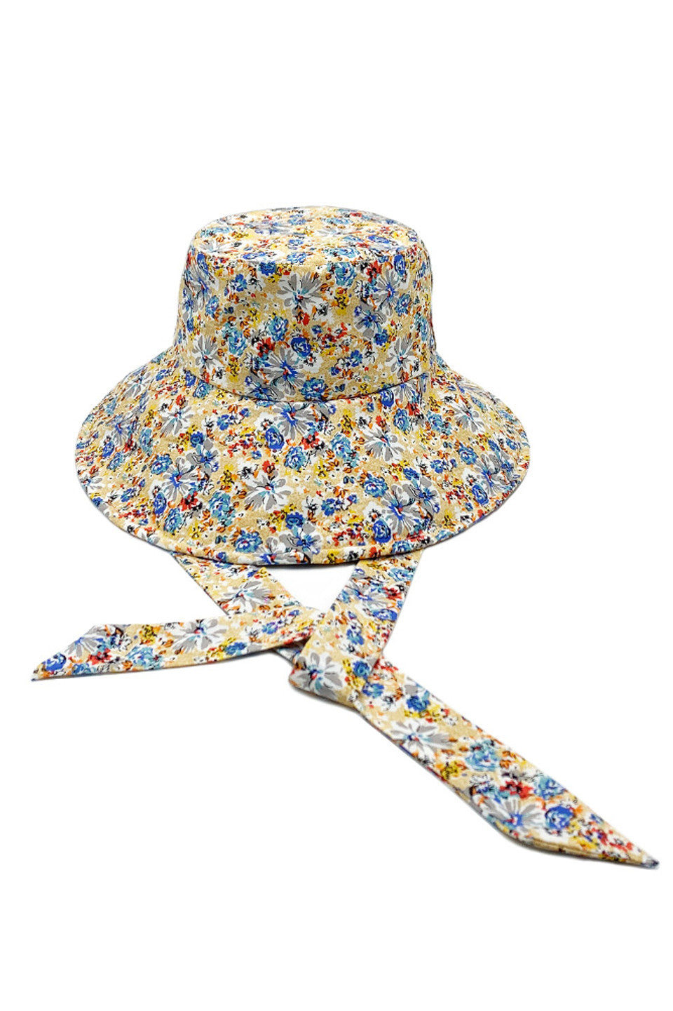 Yellow FLORAL PRINT CHIN TIE BUCKET HAT features a precisely rendered floral print pattern and strategically placed chin ties for enhanced stability in various conditions. Engineered with advanced textiles that provide superior sun protection while maintaining optimal breathability. The structured brim offers consistent shade coverage, while the interior moisture-wicking band ensures comfort during extended wear. A versatile accessory that balances aesthetic appeal with functional performance.