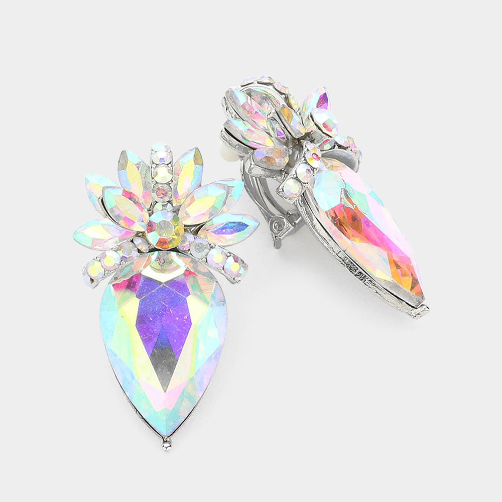 AB, Rhodium Floral Teardrop Crystal Clip On Earrings