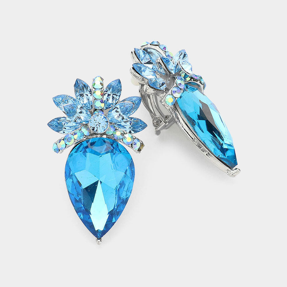 Aqua, Rhodium Floral Teardrop Crystal Clip On Earrings