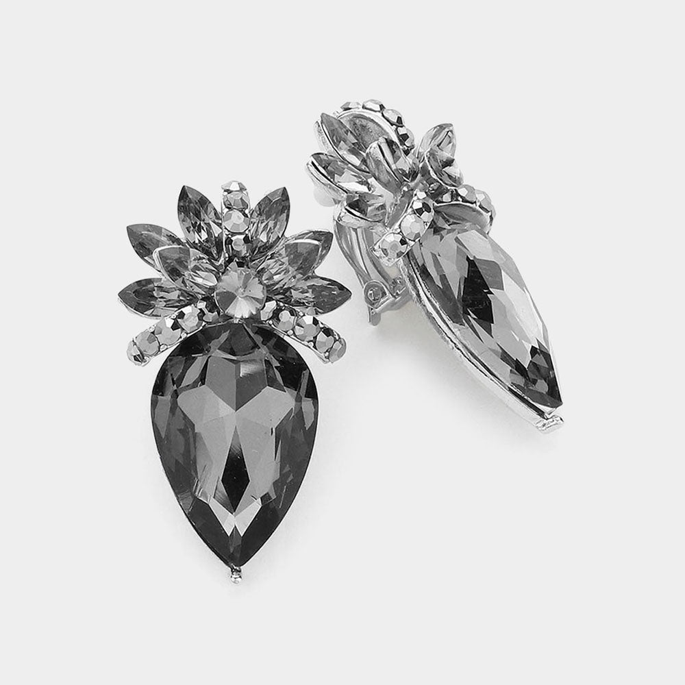 Black Diamond, Rhodium Floral Teardrop Crystal Clip On Earrings
