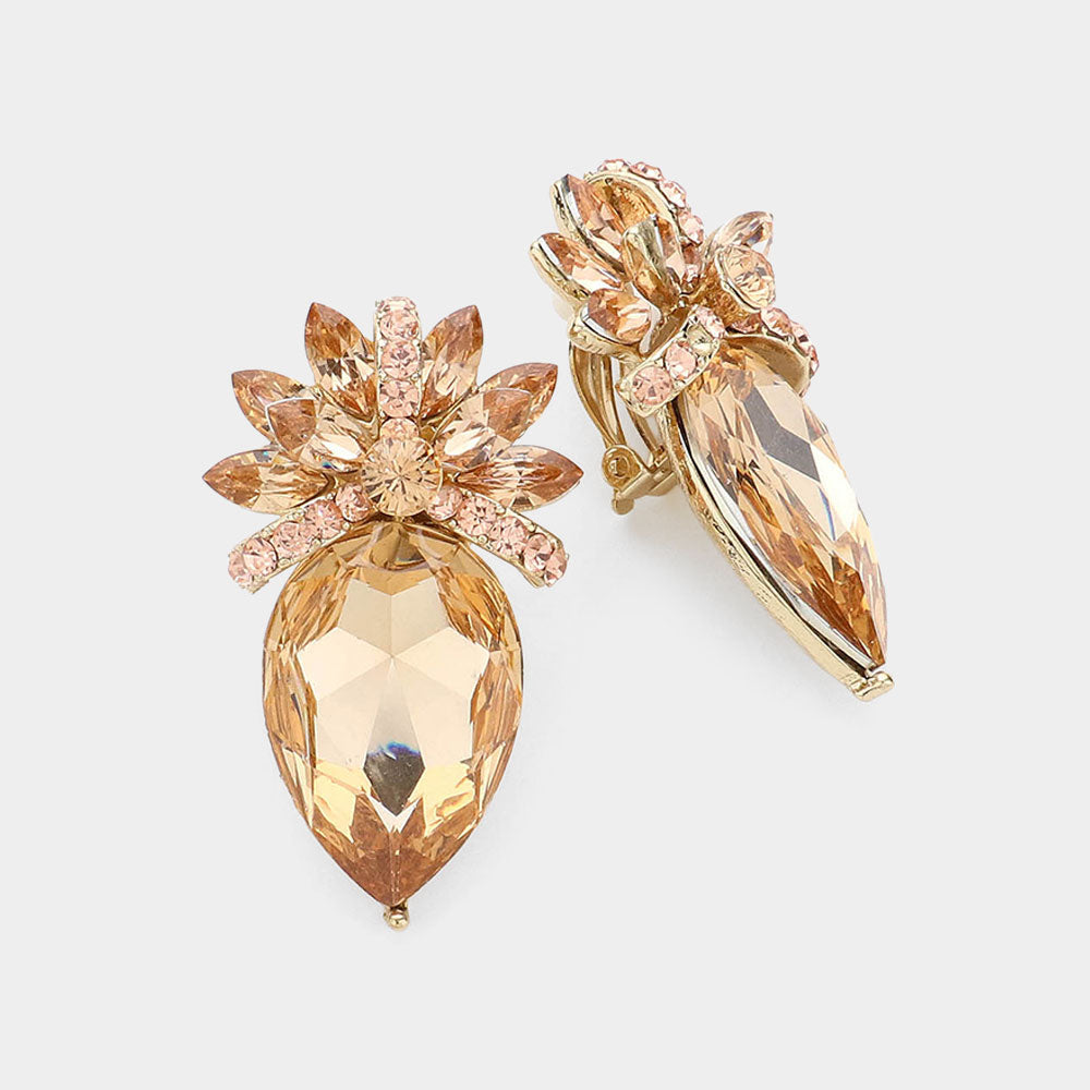 Gold, Peach Floral Teardrop Crystal Clip On Earrings