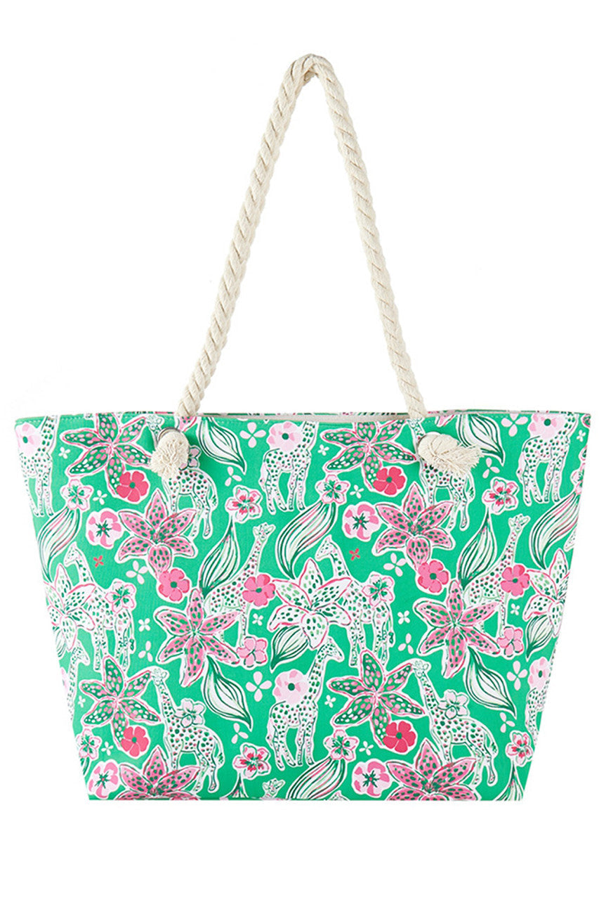 Multi Floral with Giraffe Illustration Print Tote Bag features a charming giraffe illustration set against a delicate floral pattern, combining artistic design with everyday functionality. Crafted from durable materials, it offers ample space for carrying essentials while adding a touch of nature-inspired elegance to your look. Ideal for shopping, work, or casual outings, this tote balances style and practicality with expert craftsmanship. 