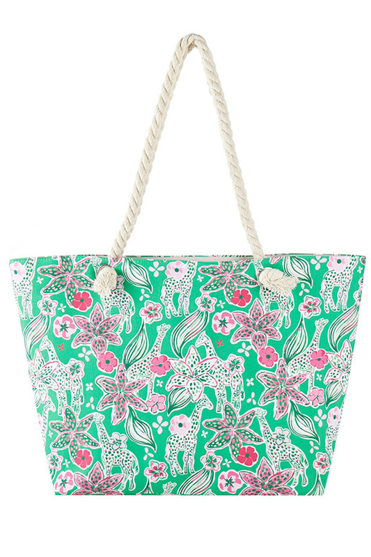 Multi Floral with Giraffe Illustration Print Tote Bag features a charming giraffe illustration set against a delicate floral pattern, combining artistic design with everyday functionality. Crafted from durable materials, it offers ample space for carrying essentials while adding a touch of nature-inspired elegance to your look. Ideal for shopping, work, or casual outings, this tote balances style and practicality with expert craftsmanship. 