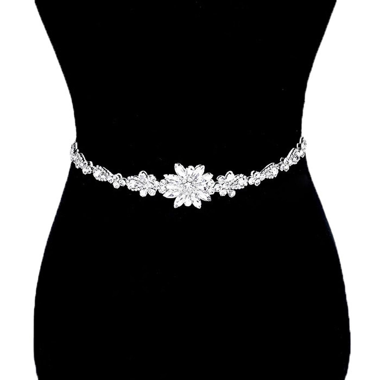 Clear Silver Felt Back Flower Centered Sash Ribbon Bridal Wedding Belt Headband. A timeless selection, this sparkling  Ribbon, Bridal Belt, Rhinestone Belt, Bridal Belt Sash, Wedding Belt is exceptionally elegant, adding an exquisite detail to your wedding dress or tie it on your hair for a glamorous to any outfit.