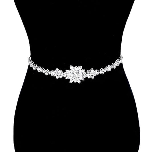 Clear Silver Felt Back Flower Centered Sash Ribbon Bridal Wedding Belt Headband. A timeless selection, this sparkling  Ribbon, Bridal Belt, Rhinestone Belt, Bridal Belt Sash, Wedding Belt is exceptionally elegant, adding an exquisite detail to your wedding dress or tie it on your hair for a glamorous to any outfit.