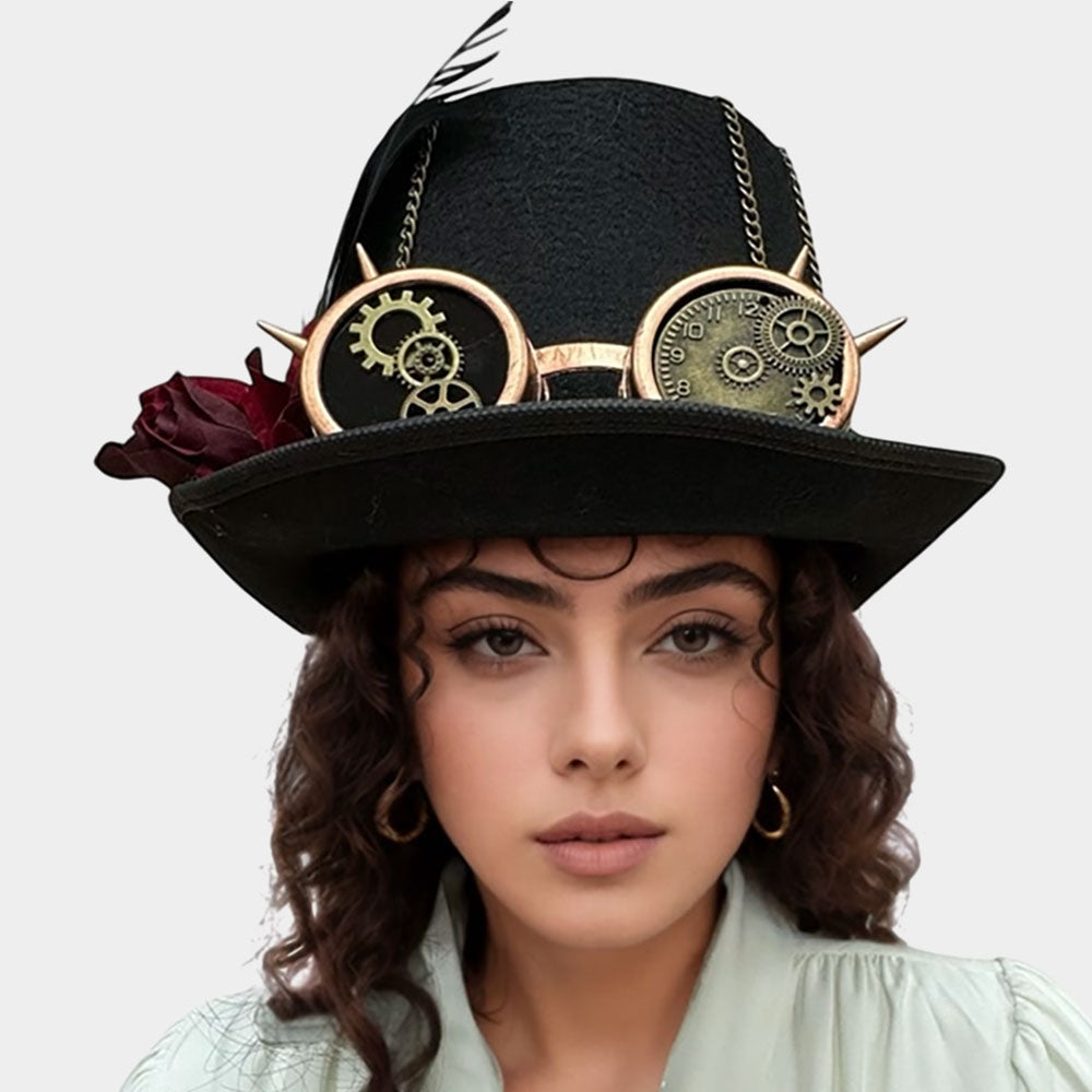Black Flower Feather Spikey Goggles Accent Steampunk Halloween Costume Hat