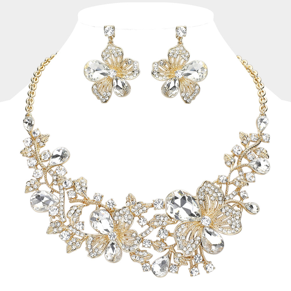 Clear, Gold Flower Glass Stone Embellished Evening Necklace