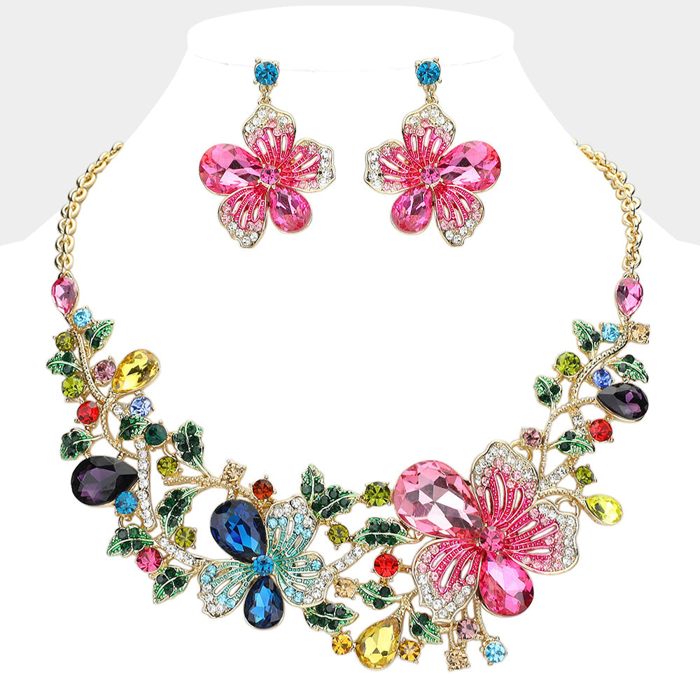Gold, Multi Flower Glass Stone Embellished Evening Necklace