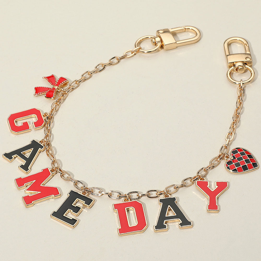 Black, Gold, Red Football GAME DAY Message Bow Heart Charm Station Bag Chain Charm