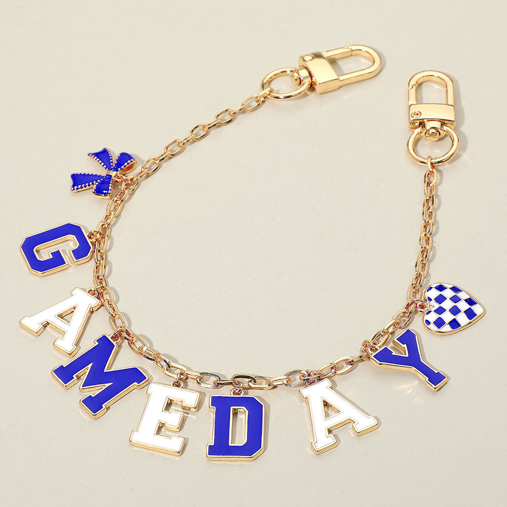 Blue, Gold, White Football GAME DAY Message Bow Heart Charm Station Bag Chain Charm