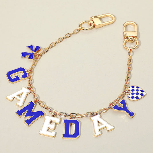 Blue, Gold, White Football GAME DAY Message Bow Heart Charm Station Bag Chain Charm