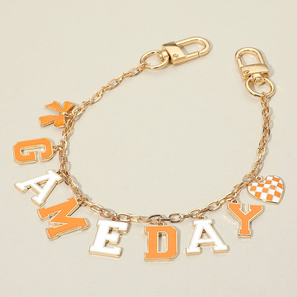 Gold, Orange, White Football GAME DAY Message Bow Heart Charm Station Bag Chain Charm