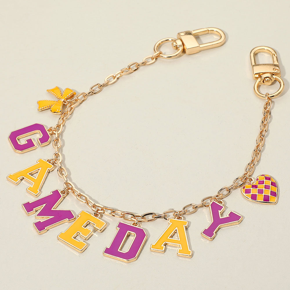 Gold, Purple , Yellow Football GAME DAY Message Bow Heart Charm Station Bag Chain Charm