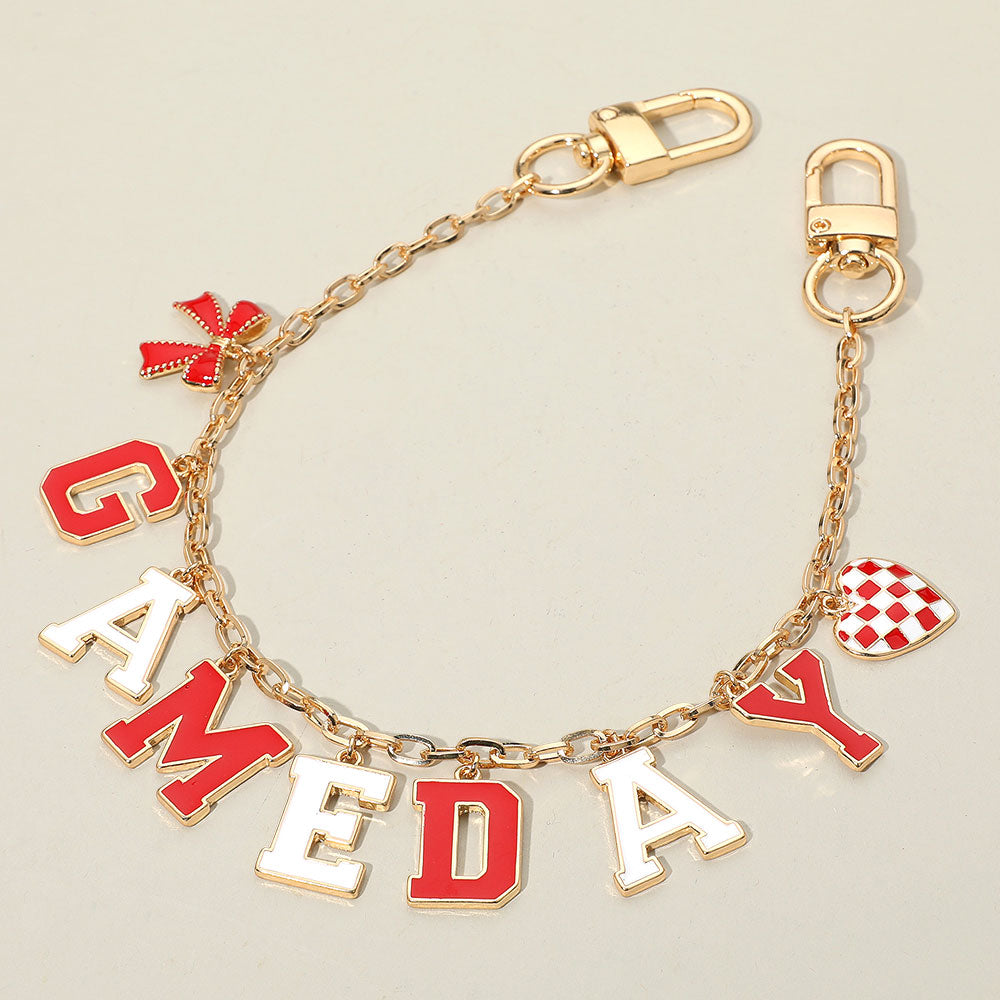 Gold, Red, White Football GAME DAY Message Bow Heart Charm Station Bag Chain Charm
