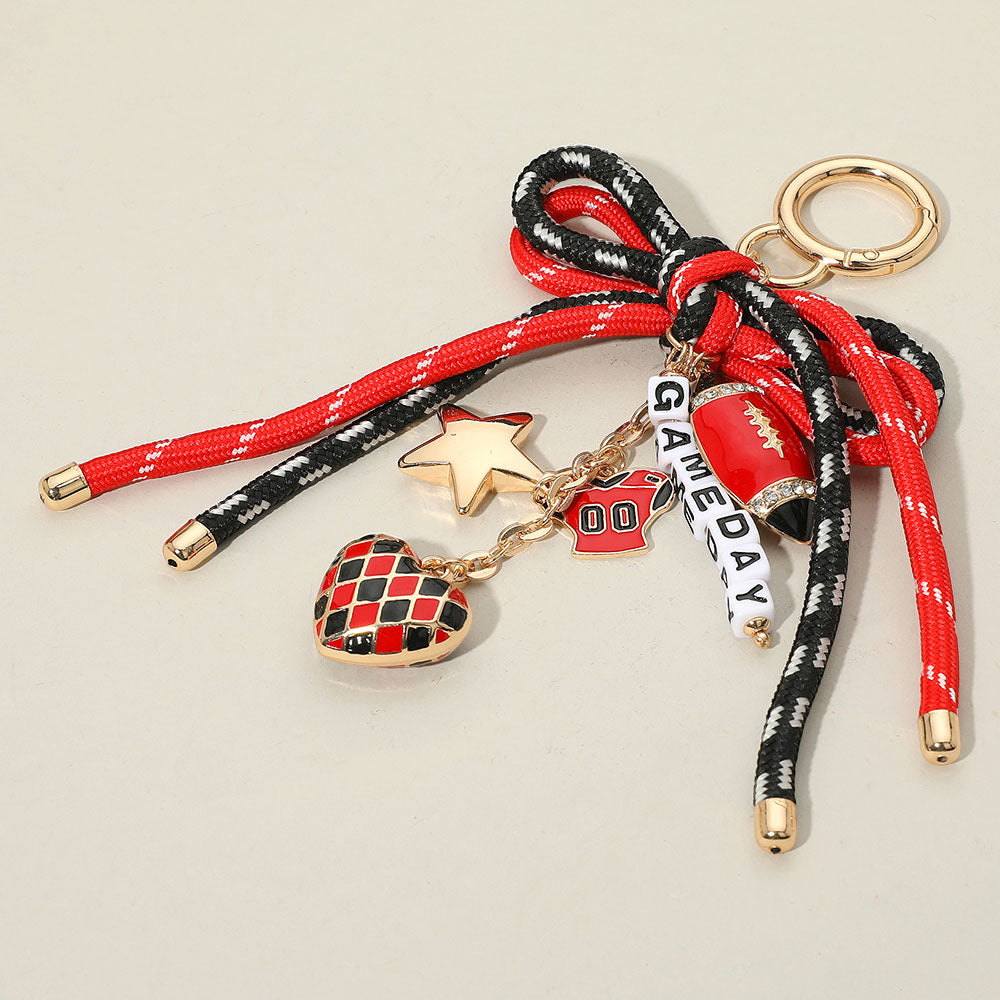 Black, Gold, Red Football Themed Charm GAME DAY Message Beaded Rope Bow Accent Keychain / Bag Charm