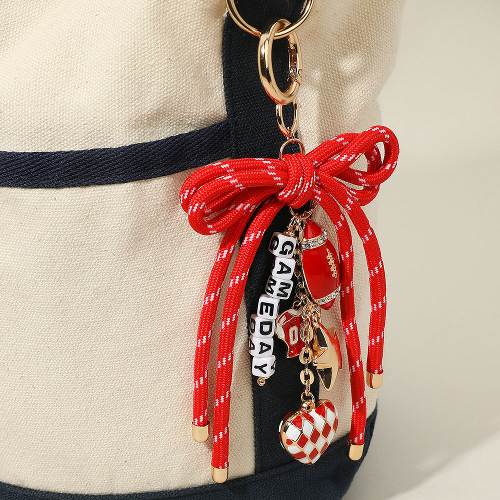 Gold, Red, White Football Themed Charm GAME DAY Message Beaded Rope Bow Accent Keychain / Bag Charm