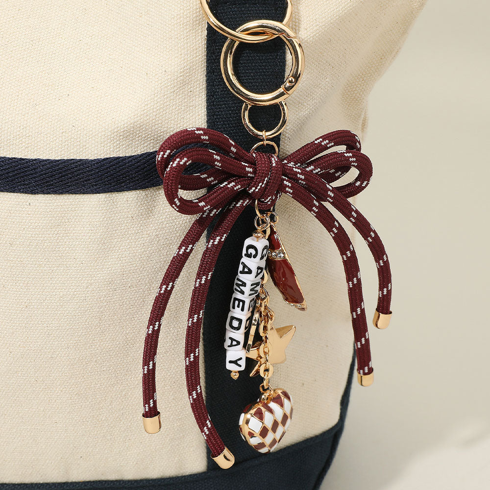 Burgundy, Gold, White Football Themed Charm GAME DAY Message Beaded Rope Bow Accent Keychain / Bag Charm