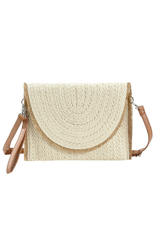 Beige Frayed Trim Two Tone Straw Clutch Crossbody Bag combines artisanal design with practical elegance. Featuring a natural straw construction with a sophisticated two-tone palette, this bag is accented by a distinctive frayed trim that enhances its textured appeal. Its compact clutch form is complemented by a crossbody strap, offering versatile wear and hands-free convenience. Lightweight yet durable, this accessory is perfect for elevating both casual and dressy ensembles with a refined, summery touch. 