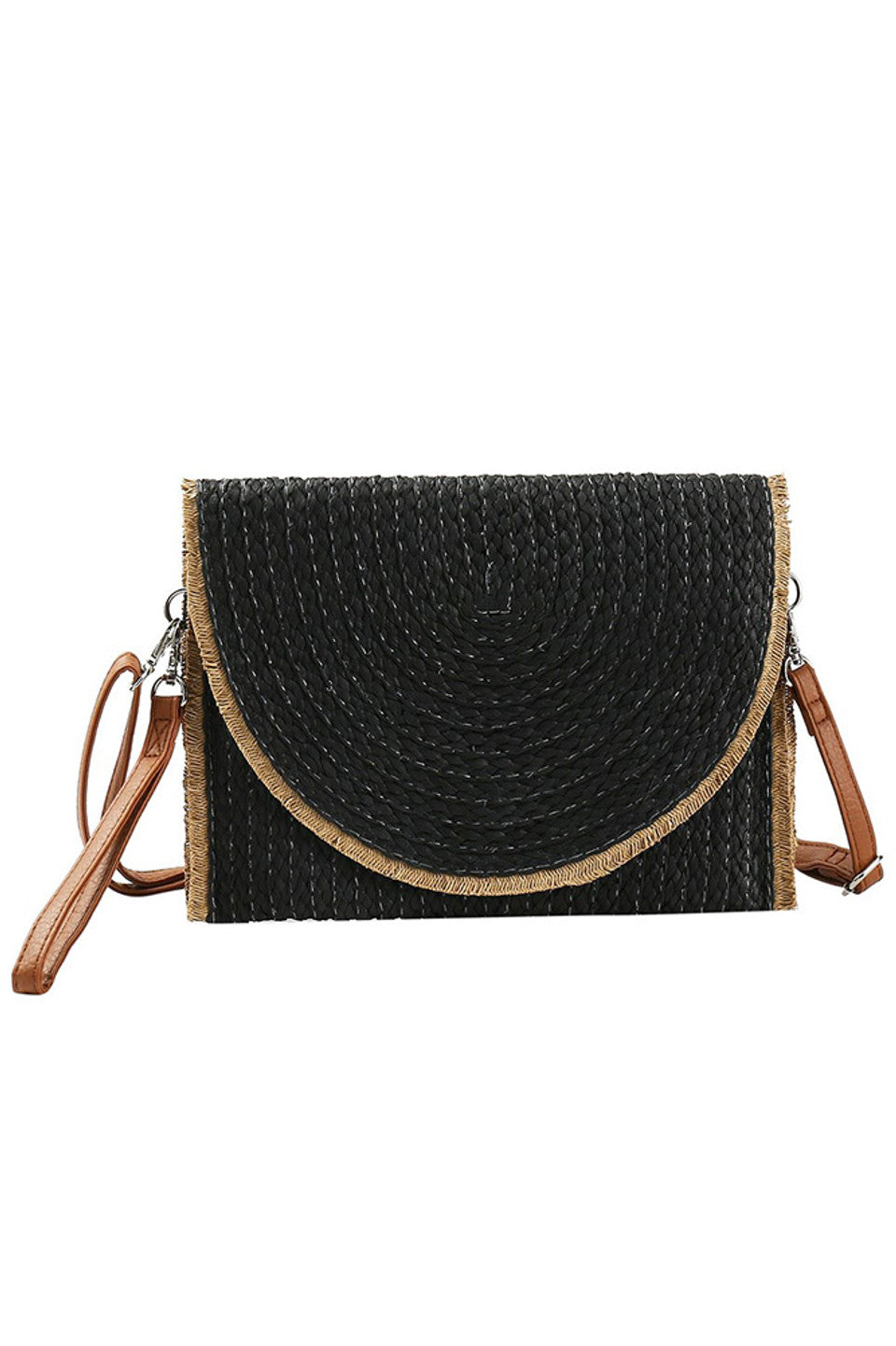 Frayed Trim Two Tone Straw Clutch Crossbody Bag - Black - Crossbody Bag