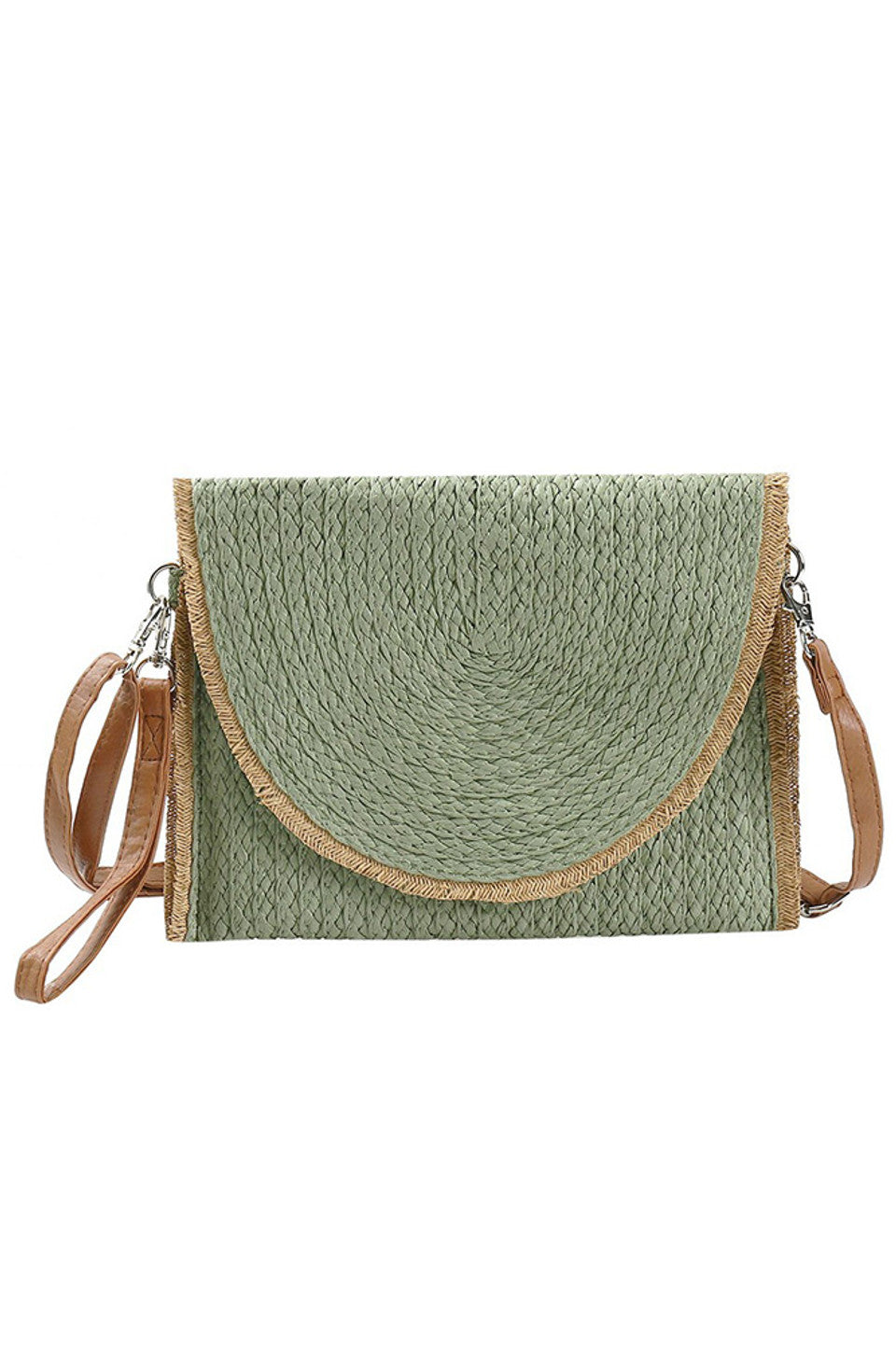 Olive Frayed Trim Two Tone Straw Clutch Crossbody Bag combines artisanal design with practical elegance. Featuring a natural straw construction with a sophisticated two-tone palette, this bag is accented by a distinctive frayed trim that enhances its textured appeal. Its compact clutch form is complemented by a crossbody strap, offering versatile wear and hands-free convenience. Lightweight yet durable, this accessory is perfect for elevating both casual and dressy ensembles with a refined, summery touch. 