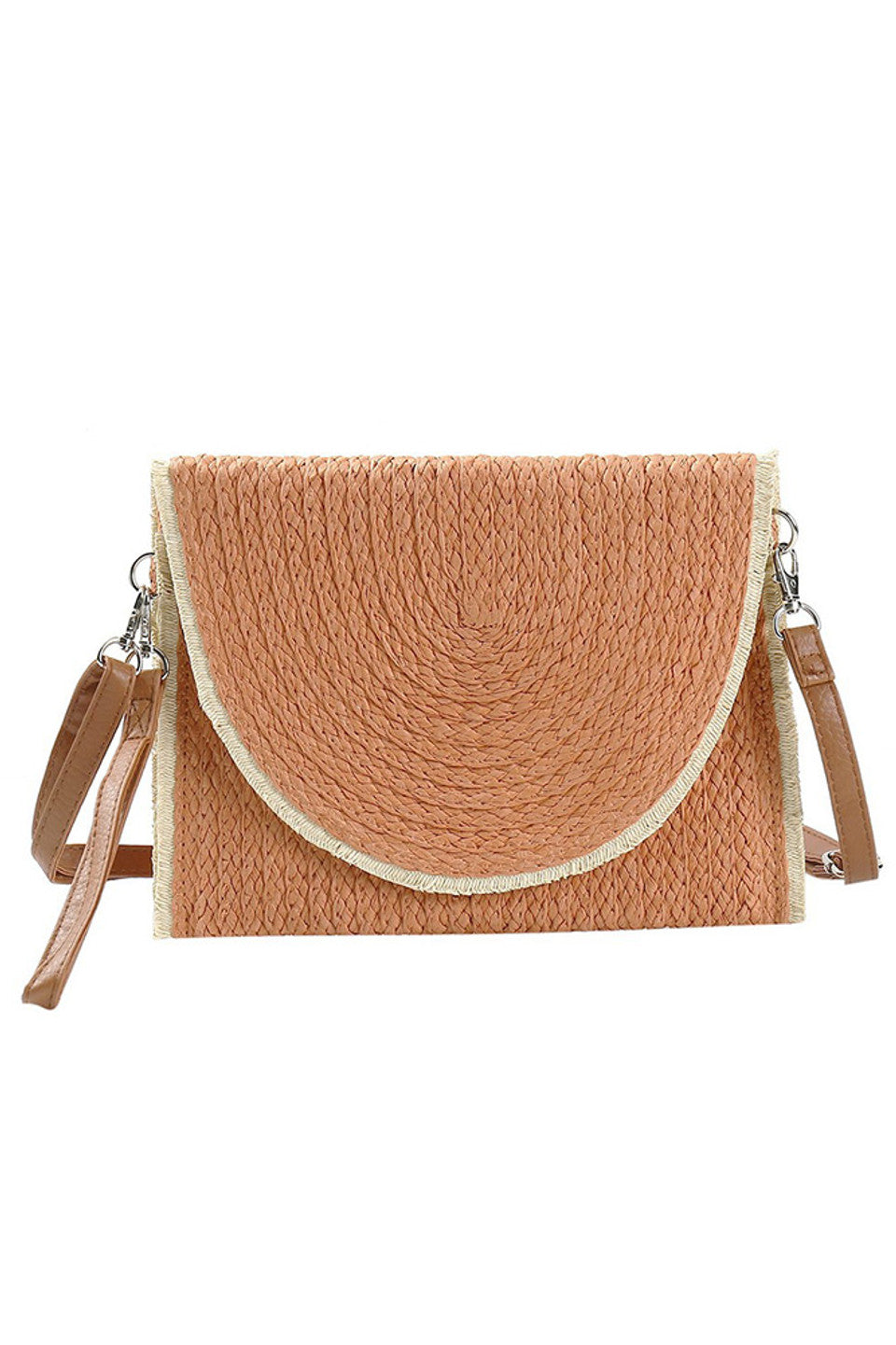 Rust Frayed Trim Two Tone Straw Clutch Crossbody Bag combines artisanal design with practical elegance. Featuring a natural straw construction with a sophisticated two-tone palette, this bag is accented by a distinctive frayed trim that enhances its textured appeal. Its compact clutch form is complemented by a crossbody strap, offering versatile wear and hands-free convenience. Lightweight yet durable, this accessory is perfect for elevating both casual and dressy ensembles with a refined, summery touch. 