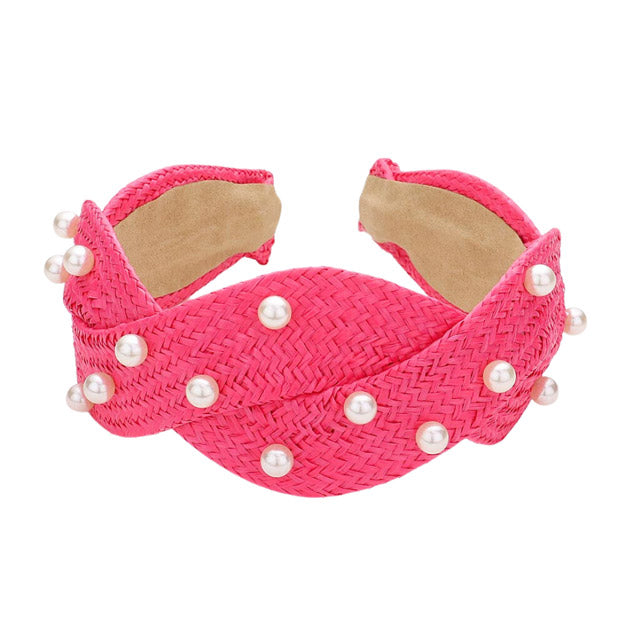 Fuchsia Headband Switch up your style with this Pearl Embellished Braided Straw Headband! This chic and unique accessory is perfect for adding a feminine touch to any look. Whether a basic outfit or looking to make a statement, this headband will keep you looking ready to step out! Perfect everyday wear, festivals, Birthday Gift, etc