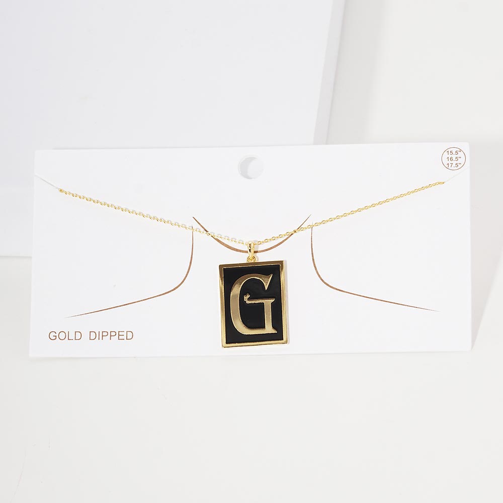 Gold -G- Gold Dipped Enamel Rectangle Initial Monogram Pendant Necklace