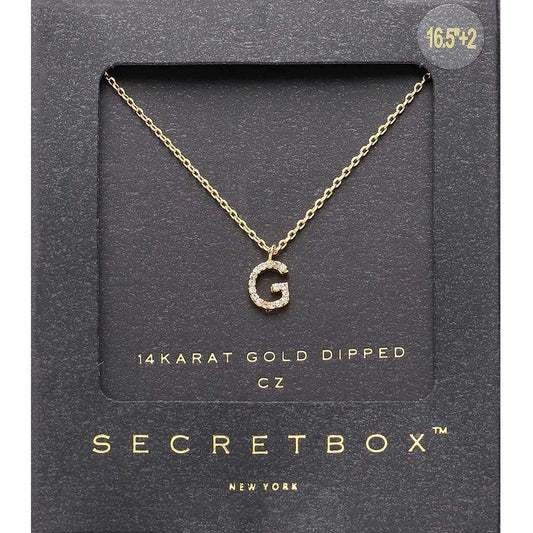~G~, Gold -G- Secret Box _ 14K Gold Dipped CZ Initial Monogram Pendant Necklace