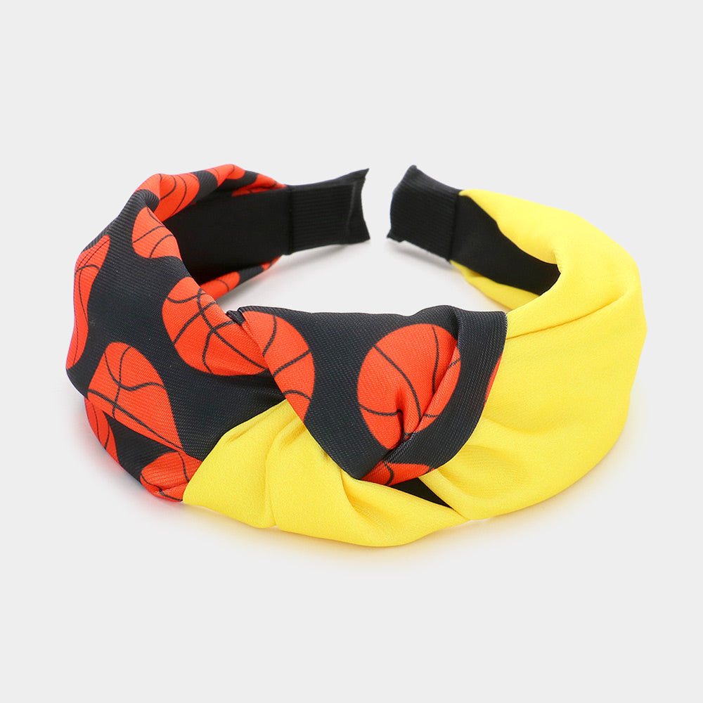 Black, Yellow Game Day Basketball Patterned Knot Burnout Headband