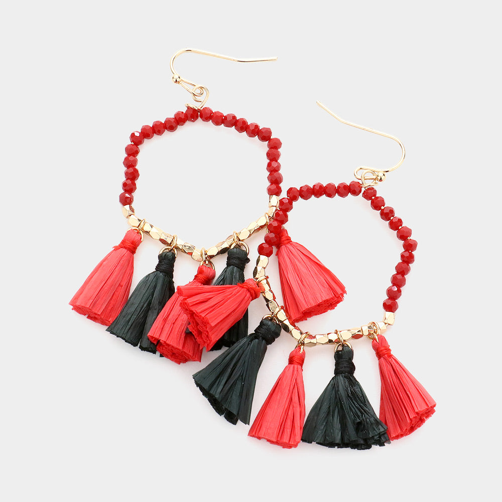 Black, Red Game Day Beaded Open Hexagon Raffia Tassel Link Dangle Earrings