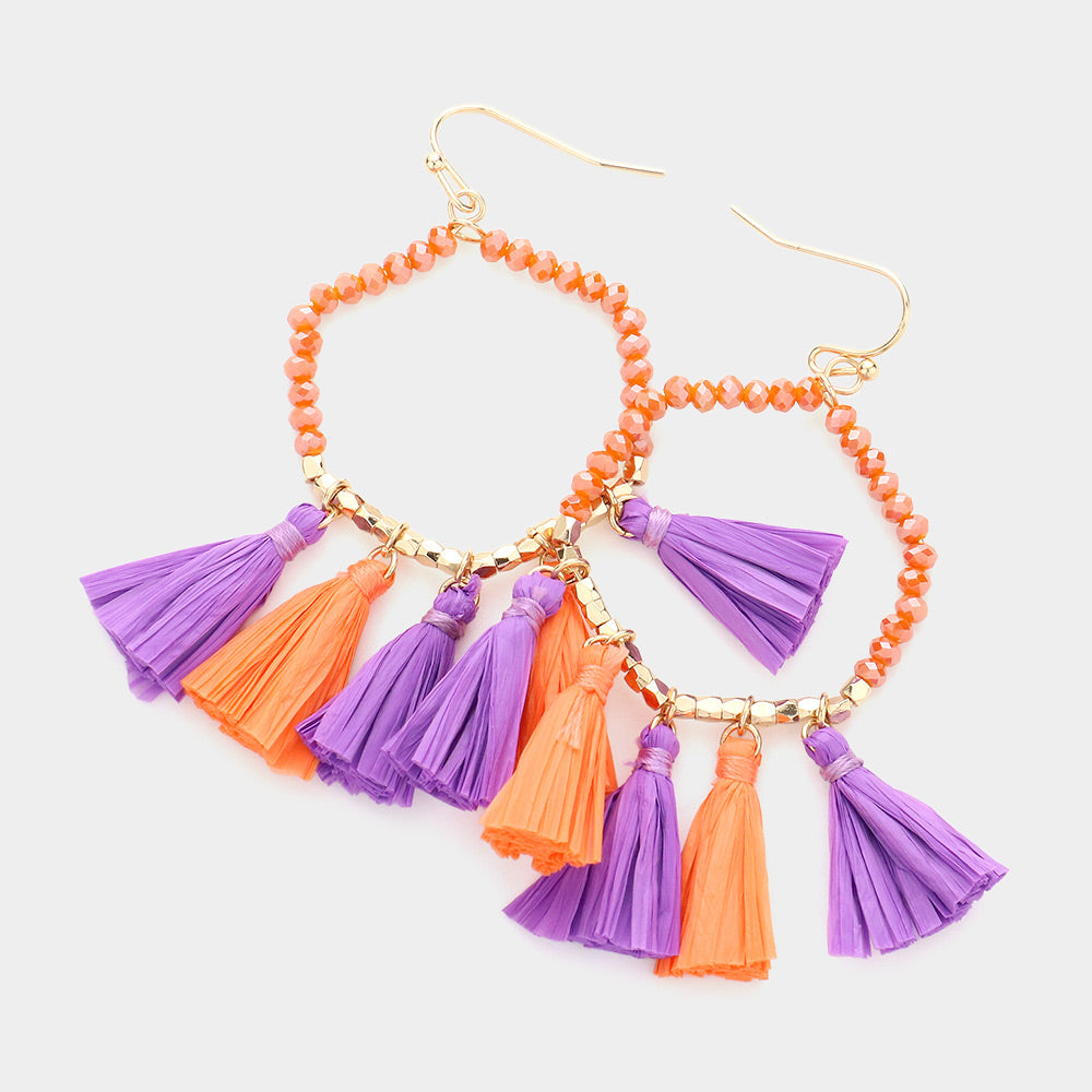 Orange, Purple Game Day Beaded Open Hexagon Raffia Tassel Link Dangle Earrings