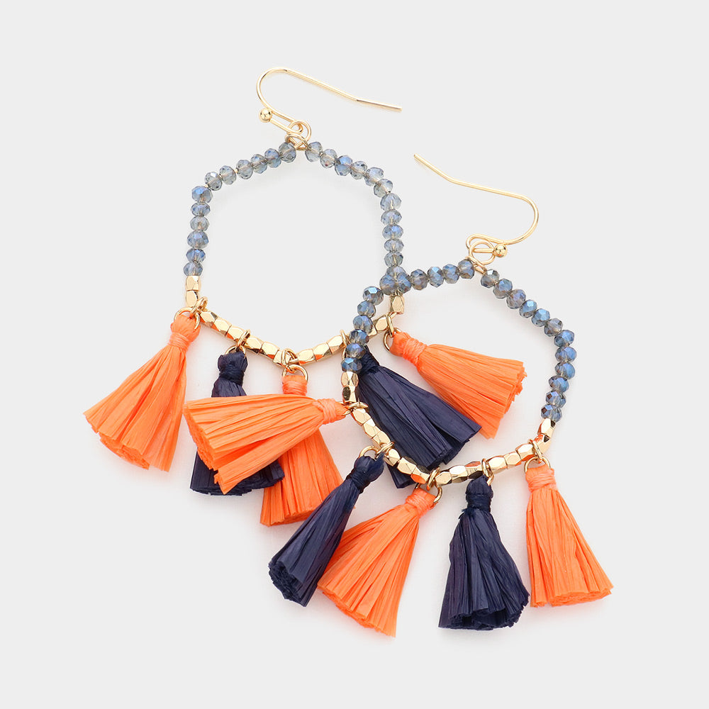 Navy, Orange Game Day Beaded Open Hexagon Raffia Tassel Link Dangle Earrings