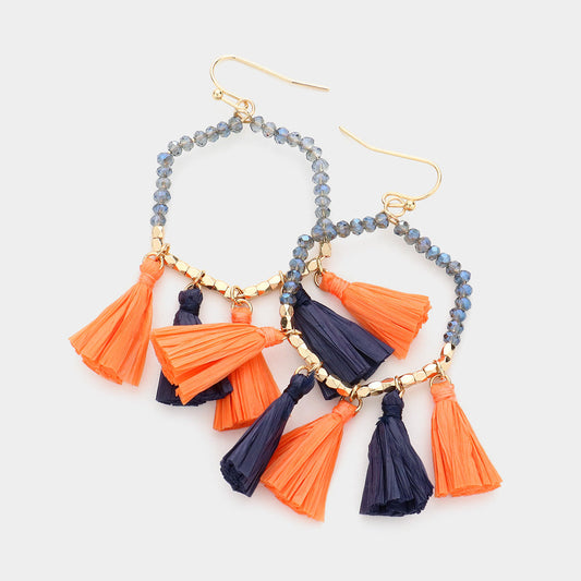 Navy, Orange Game Day Beaded Open Hexagon Raffia Tassel Link Dangle Earrings