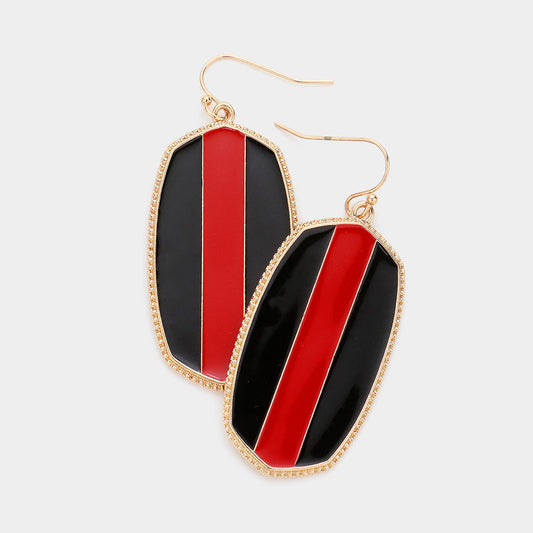 Black, Red Game Day Color Block Enamel Hexagon Dangle Earrings