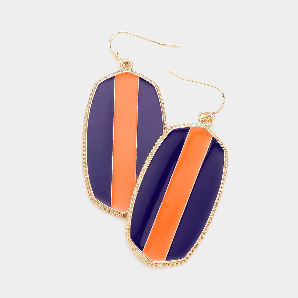 Navy, Orange Game Day Color Block Enamel Hexagon Dangle Earrings