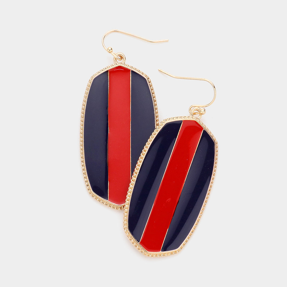 Navy, Red Game Day Color Block Enamel Hexagon Dangle Earrings
