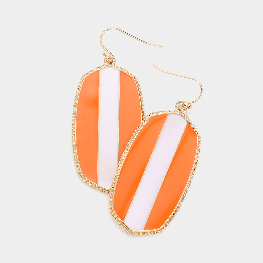 Orange, White Game Day Color Block Enamel Hexagon Dangle Earrings