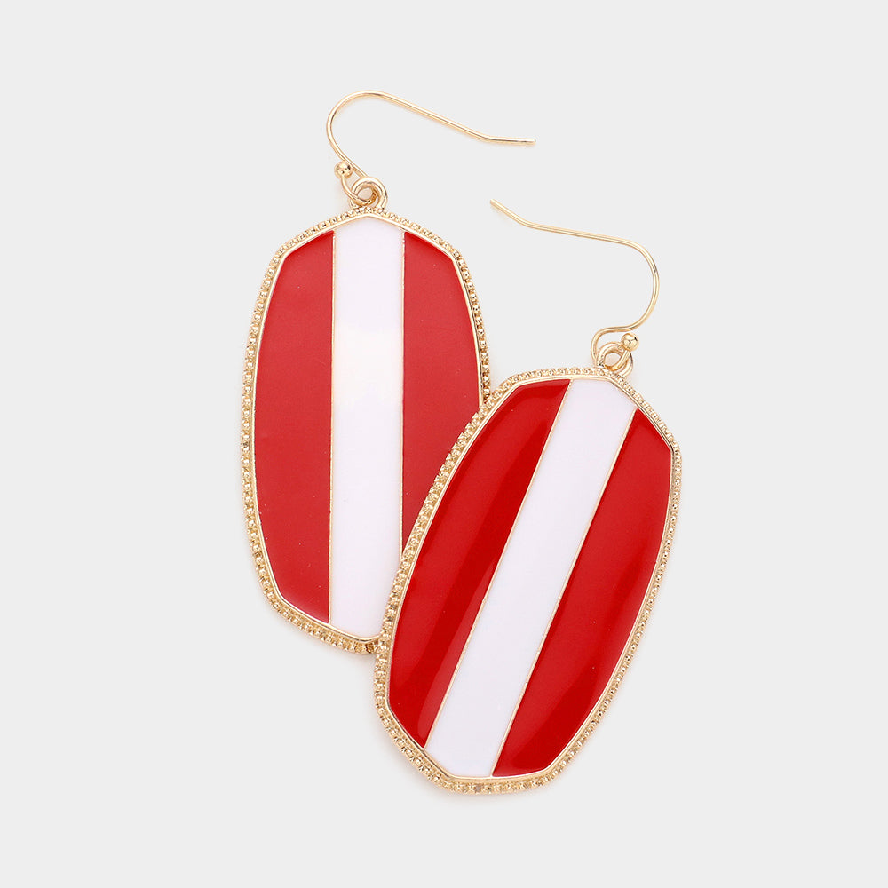 Red, White Game Day Color Block Enamel Hexagon Dangle Earrings