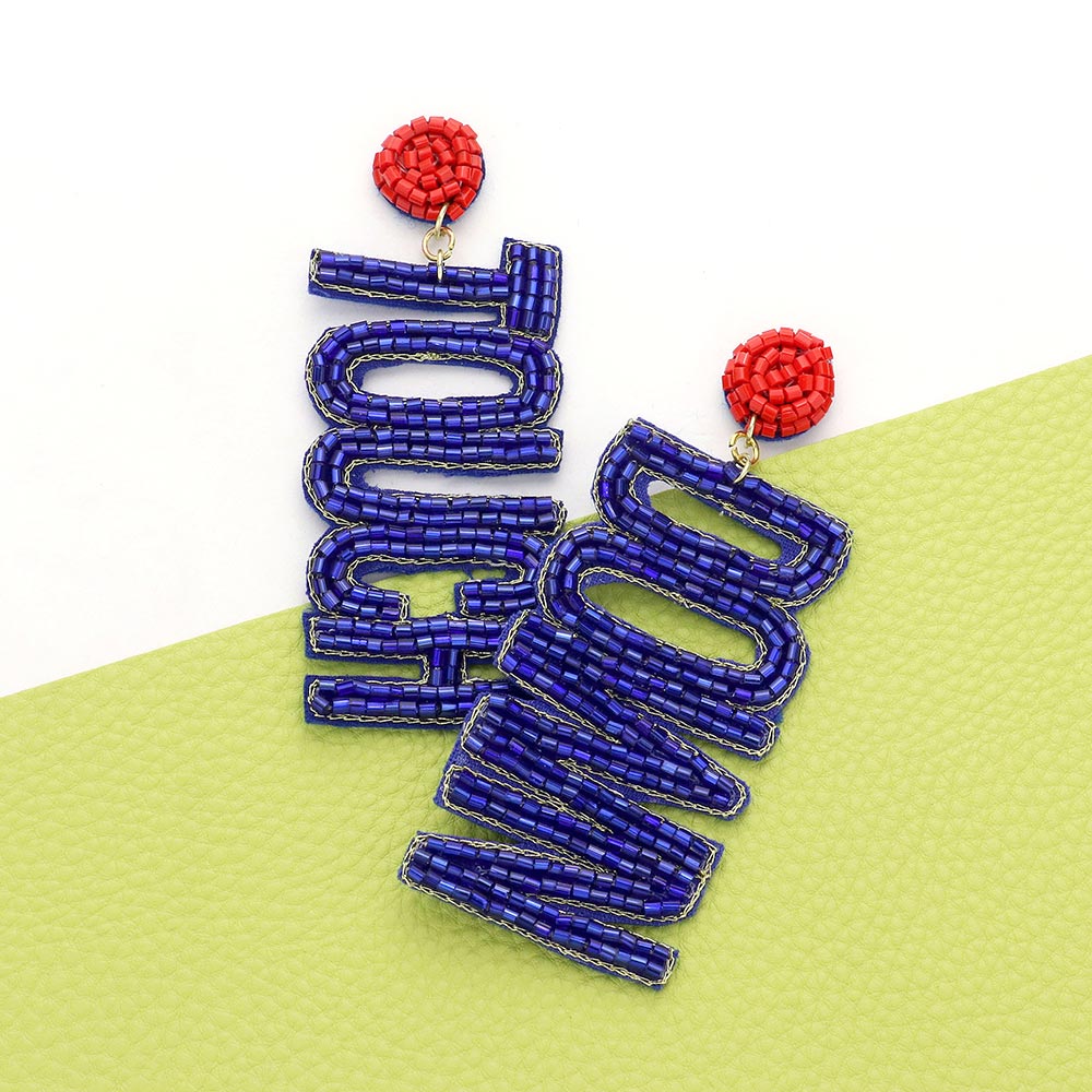 Blue, Red Game Day Felt Back Beaded Touch Down Message Dangle Earrings