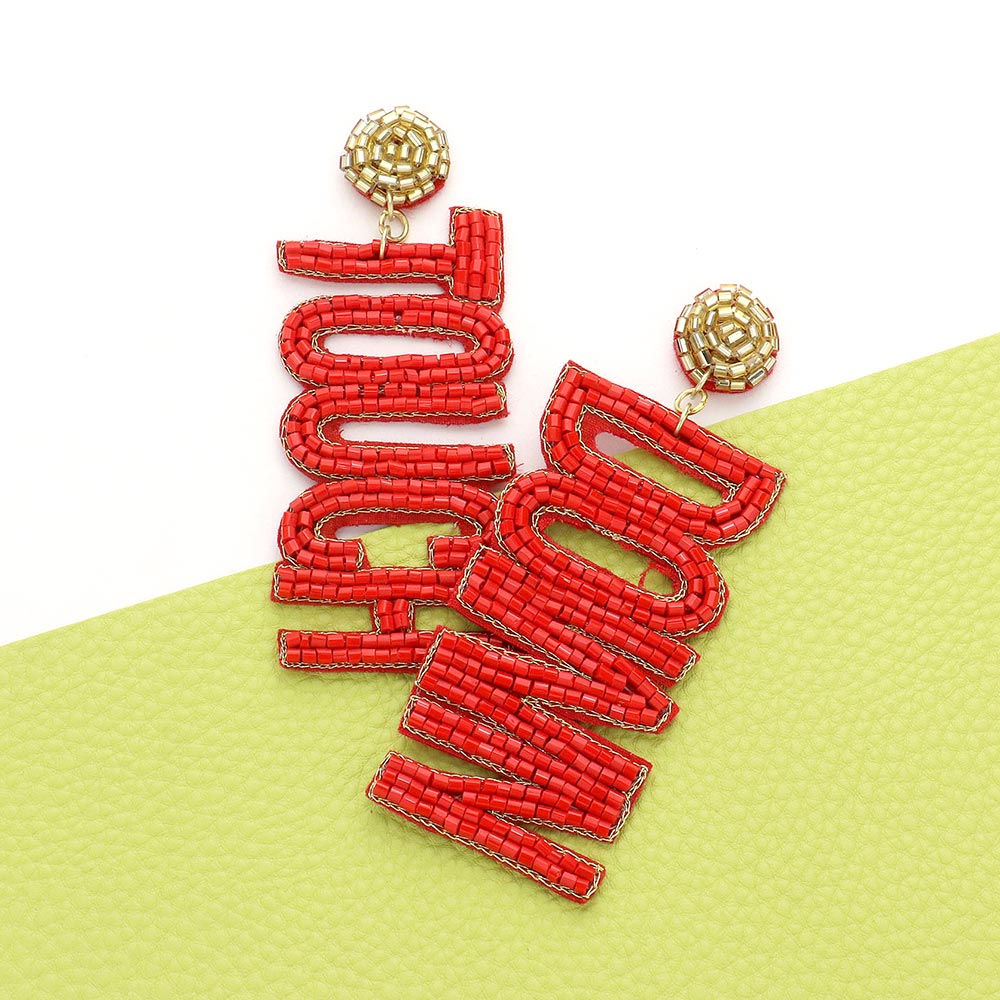 Gold, Red Game Day Felt Back Beaded Touch Down Message Dangle Earrings