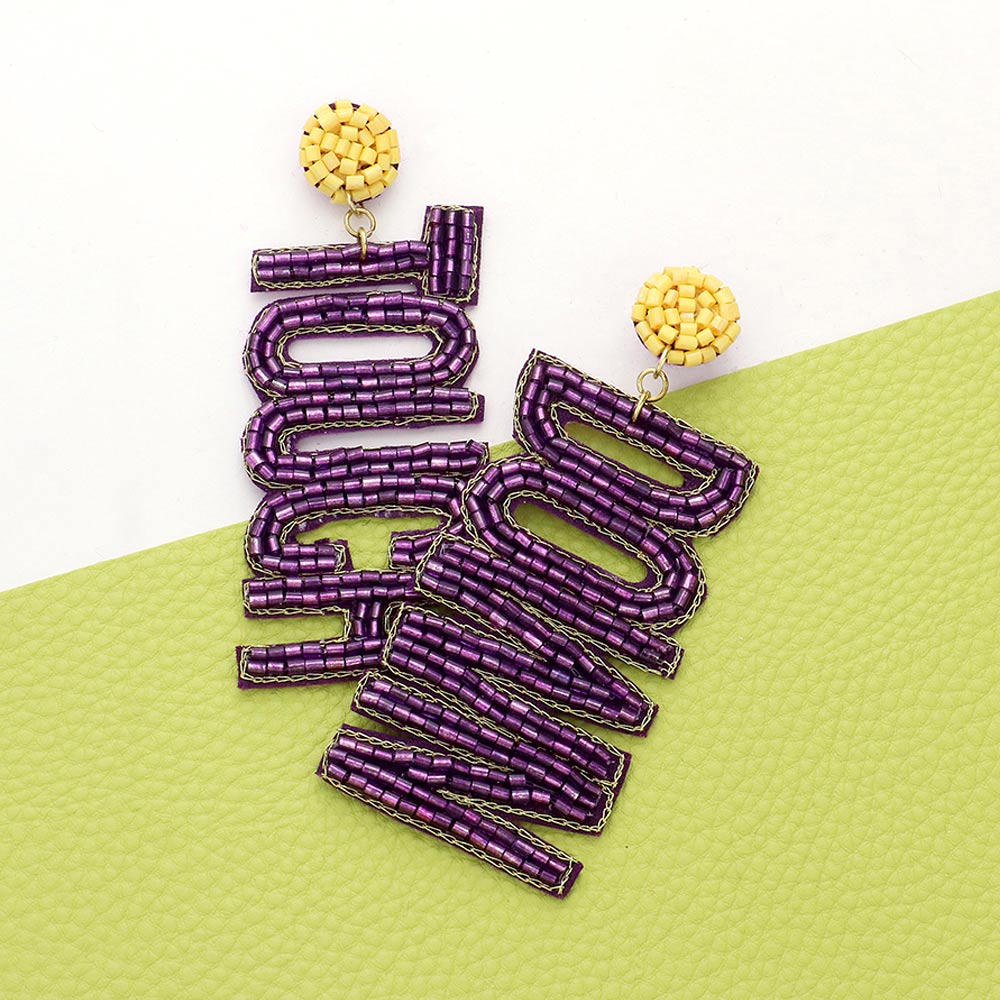 Mustard, Purple Game Day Felt Back Beaded Touch Down Message Dangle Earrings