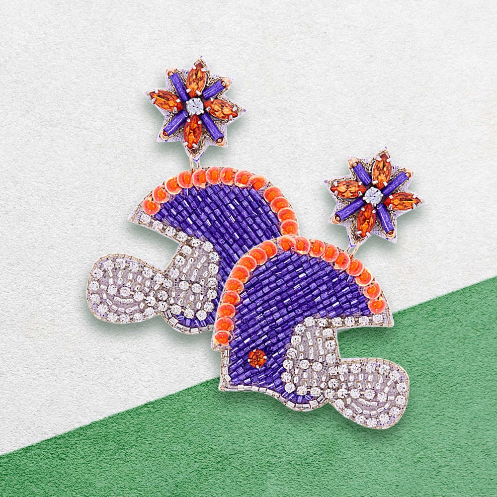 Orange, Purple Game Day Felt Back Stone Beaded Football Helmet Dangle Earrings