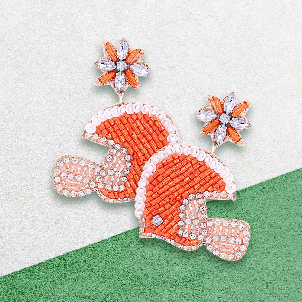 Orange, White Game Day Felt Back Stone Beaded Football Helmet Dangle Earrings