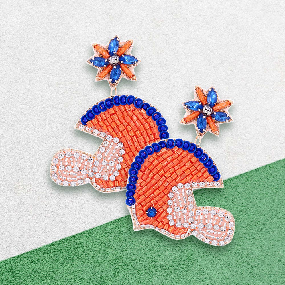 Blue, Orange Game Day Felt Back Stone Beaded Football Helmet Dangle Earrings