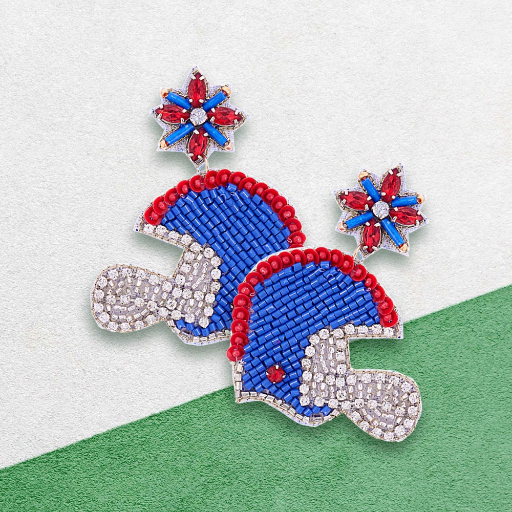 Blue, Red Game Day Felt Back Stone Beaded Football Helmet Dangle Earrings