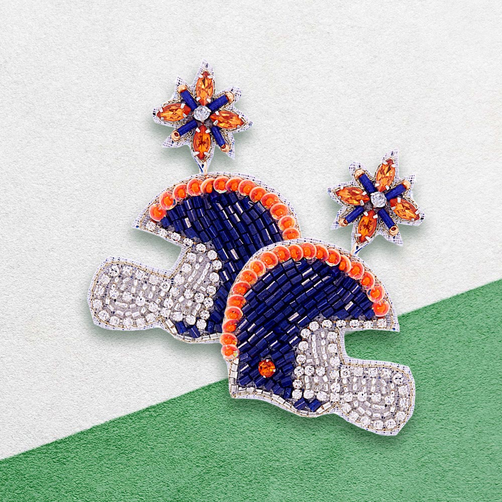 Navy, Orange Game Day Felt Back Stone Beaded Football Helmet Dangle Earrings