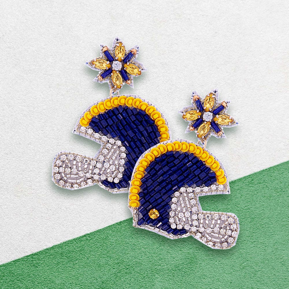 Navy, Yellow Game Day Felt Back Stone Beaded Football Helmet Dangle Earrings