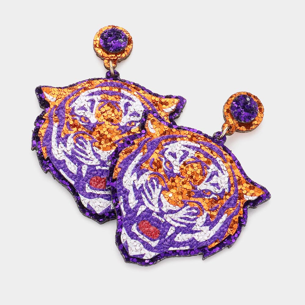Multi Game Day Glittered Tiger Dangle Earrings
