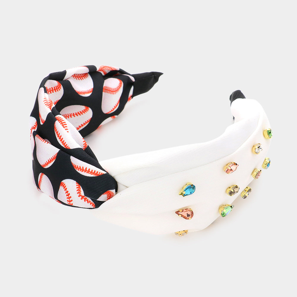 Black, White Game Day Multi Stone Embellished Baseball Patterned Twisted Headband