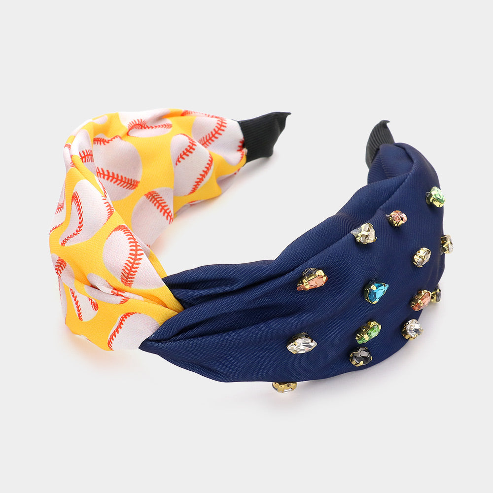 Navy, Yellow Game Day Multi Stone Embellished Baseball Patterned Twisted Headband